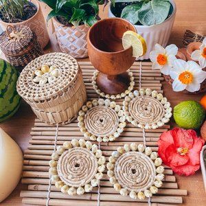 Vintage Woven Cowrie Shell Whicker Coaster Set 6